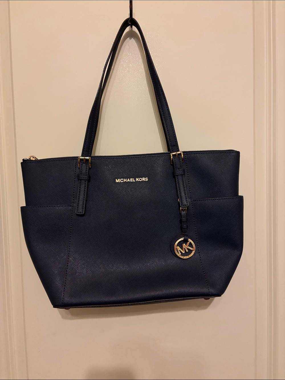 Michael Kors Navy Saffiano Tote with Gold Accents